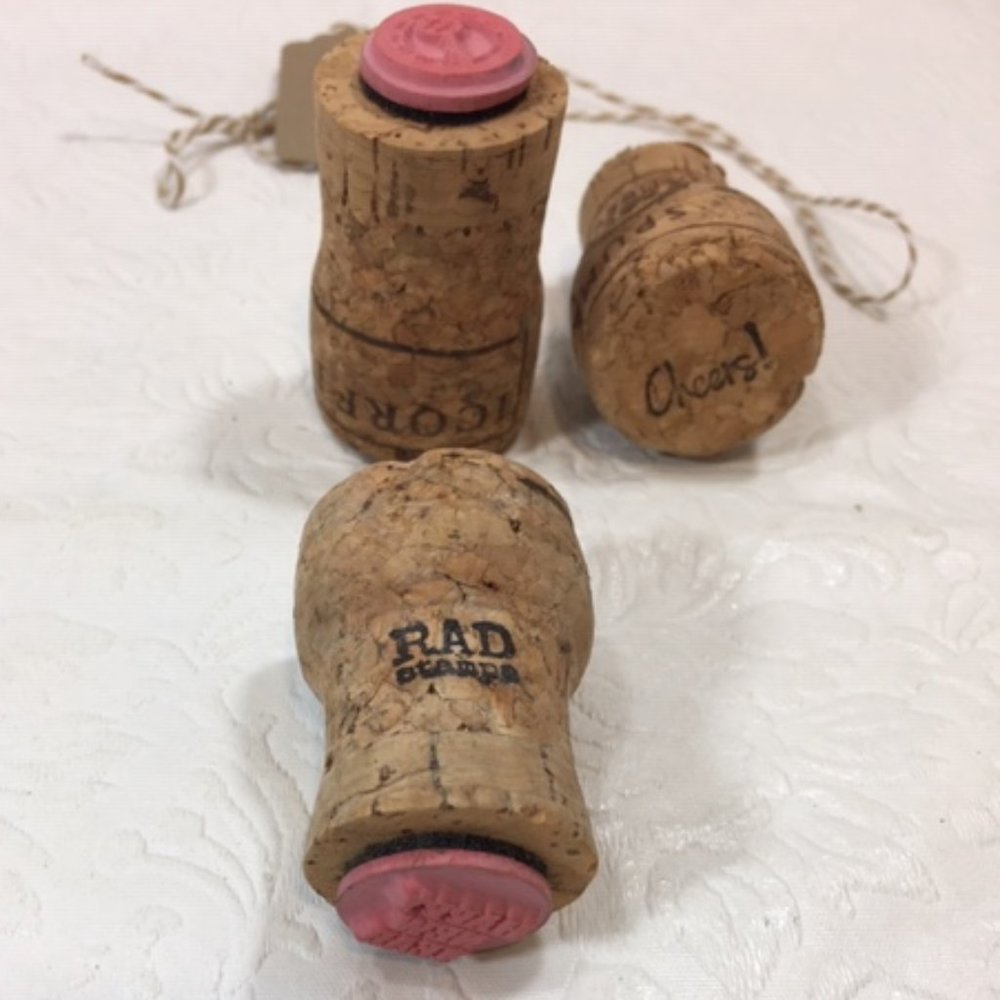 Wine Cork Rubber Stamps Set of 3: Cheers!, Happy New Year, Midnite Clock 2"